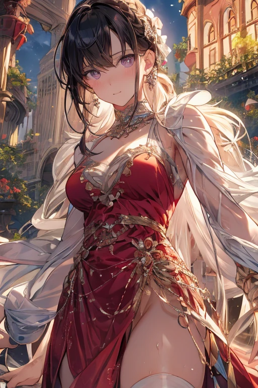 (from below:1.2),(from side:0.9), (Close-Up:0.6), highest quality、(real、photorealistic:1.4)、(RAW photo:1.2)(Curve,Model,glamor:1.5),Beautiful breasts,colour_aberration,beautiful detailed shadow,Beautiful eyes,Beautiful body,Beautiful skin,beautifull hands,(medium_breasts:1.5),1 girl in, (perky chest:1.2), (pointed chest:1.2), dark bronde hair,long hair,side ponytail,hair between eyes,bangs,Purplish brown eyes that dreamers desire, (Blonde hair) , small stature, Colossal tits, Lori, (masutepiece:1.2, Best Quality), (finely detailed beautiful eye: 1.2), (beautifull detailed face), (Best Illumination, extremely delicate and beautiful), ((Cinematic Light)), Dramatic light,Ultra Contrast、Braid a little around the ears, clavicle, red long dress、only has 5 fingers,Her pussy is visible through the see-through white thong、Wet pants、You can see inside your underwear、full of sweat、mocking look、diaper、nffsw,Arms crossed、grab the arm、Shoot from below、The angle is as seen from below.、Best Quality、Large breasts、muscular pussy:1.2、Pubic hair,high-level image quality、hightquality、8K,perfect hand、5 fingers、finger pin、Perfect Finger、see-through T back、Naked、noise cut、bullet hand、Her hair color should have been a brighter brown,The skirt part is also carefully expressed,brown skirt、the skirt is floating in the wind:1.3、see-through purple panties、Pubic hair majority,(with sparkling eyes and a contagious smile),her thin pubic hair:1.2, looking at viewer