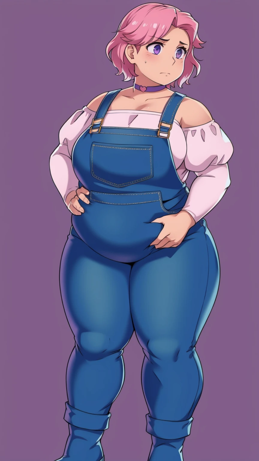 ,fat, Slightly chubby, sad, farm backround, Full body, looking at viewer, 1girl, solo, short pink hair, (dark blue choker), (dark blue denim overalls), (purple eyes), (pink boots), (white shoulder lantern sleeve blouse, tucked in pants