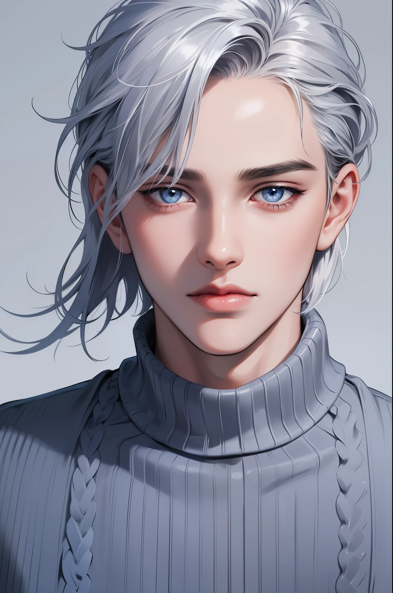 Boy, silver hair, blue eyes, serious sharp features, white skin, shiny lips, handsome, perfect, sweater