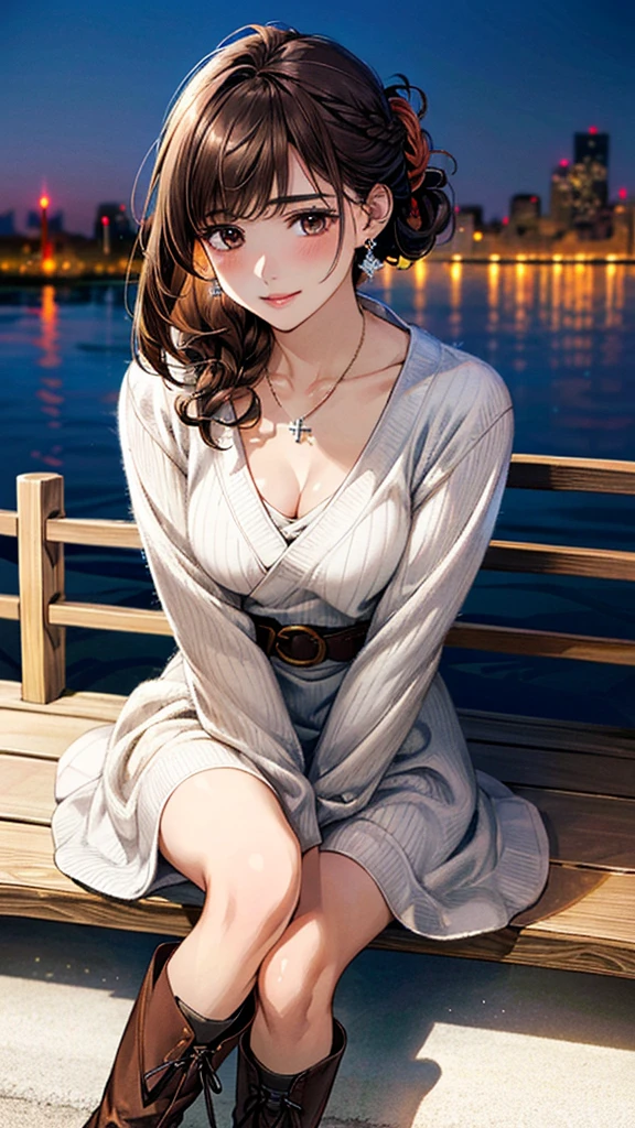 (masterpiece:1.3, Highest quality, Ultra-high resolution, Super detailed), (Realistic, photoRealistic:1.4), Beautiful illustrations, Perfect lighting, colorful, Depth of written boundary, Beautiful detailed hair, Beautifully detailed face, Beautiful fine details, Droopy eyes、Beautiful clavicle, Beautiful body, 美しいLarge Breasts, Beautiful thighs, Beautiful feet, Beautiful fingers, View Viewer、Front view:0.6, Beauty1人, Japanese, Beauty、30 years old, Perfect Face, (Perfect Anatomy, Anatomically correct), Cute and symmetrical face, Baby Face, , Shiny skin, (Red long sleeve knit A-line dress:1.4、with thin belt) 、(short boots:1.3)、(Dark brown hair, Updo Hair:1.4), braided bangs、Dark brown eyes, Large Breasts, Slim body, necklace, Small earrings:1.1, (Beautiful views), (night), (city, cityscape in the distance), Riverside、(Sitting cross-legged on a bench)、 A soft smile、(Smile, Lips parted),