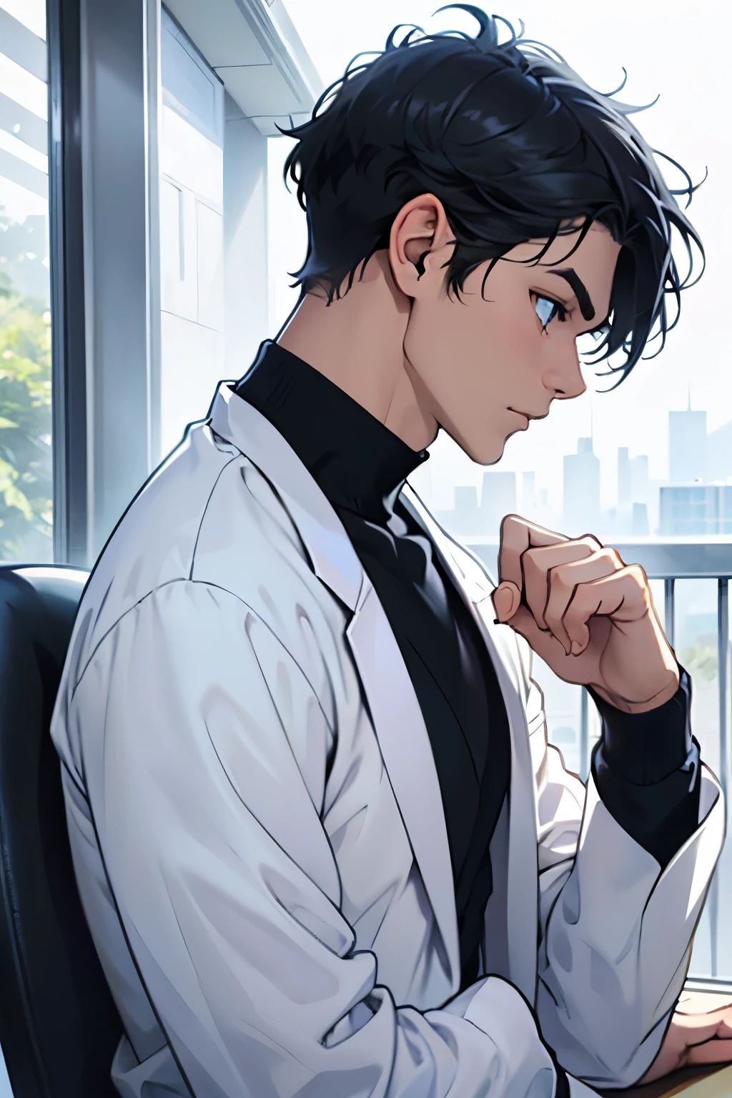 a handsome student, wearing white long sleeve, side view, stealing a glance, blue eyes, short black hair, contemplating expression, intricate details