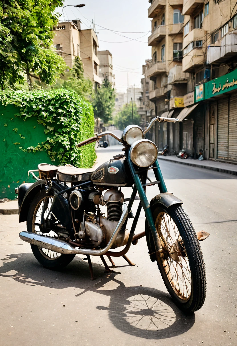 An old motorcycle from the 1950s in Tehran, Iran, unoccupied at Istanbul Crossroad in Tehran.