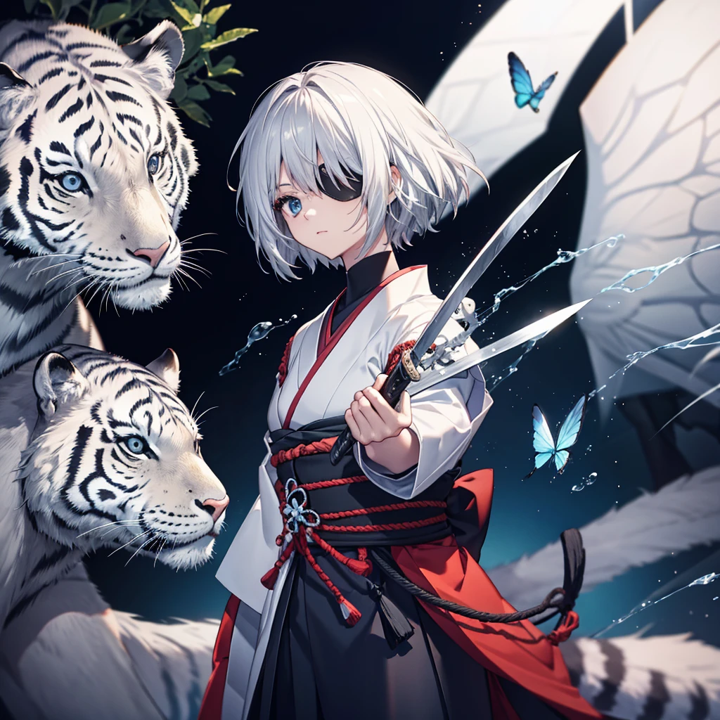 (((1 person)))　(((Put on an eye patch　Gray Hair　White Tiger)))　((High resolution　short hair　Black kimono　Shoulder　knifeを胸の前で構える))　((Black Band　samurai　Lonely　despair　blue eyes　Close-up))　((Blue Butterfly　night　Japanese style　old　Shining Aura　garden　water surface　Catch the wind))　(dance　日本knife　knife　Slashing)　月night　moonlight　star　Draw your sword　Shining Background　Shining Edge