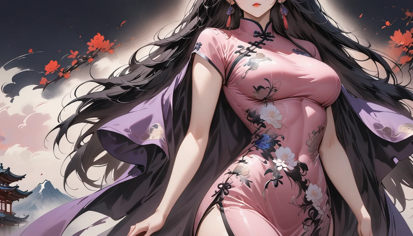 (Masterpiece, Best Quality: 1.3), 1girl, (Conservatively Dressed: 1.8), pink-purple cheongsam, pink-purple qipao, (Mature: 1.4), Cold Eyes, Gorgeous Accessories, Fluttering Cloak, very aesthetic, national painting, Clothing ink painting style, gradient hair, blunt bangs, blunt bangs, high detail, cowboy shot, Masterpiece, super detail, best quality