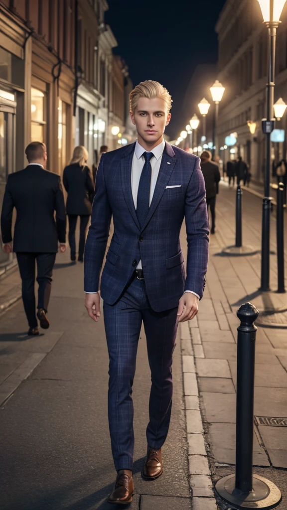 Ultra-realistic, cinematic, man, 29 years old, blond hair hair, side parted hairstyle , clean shaven, hourglass body type, wears navy blue blazer, lavender checked shirt, dark brown knitted tie , dark grey flannel trousers, walks on street of Moscow, autumn, happy
