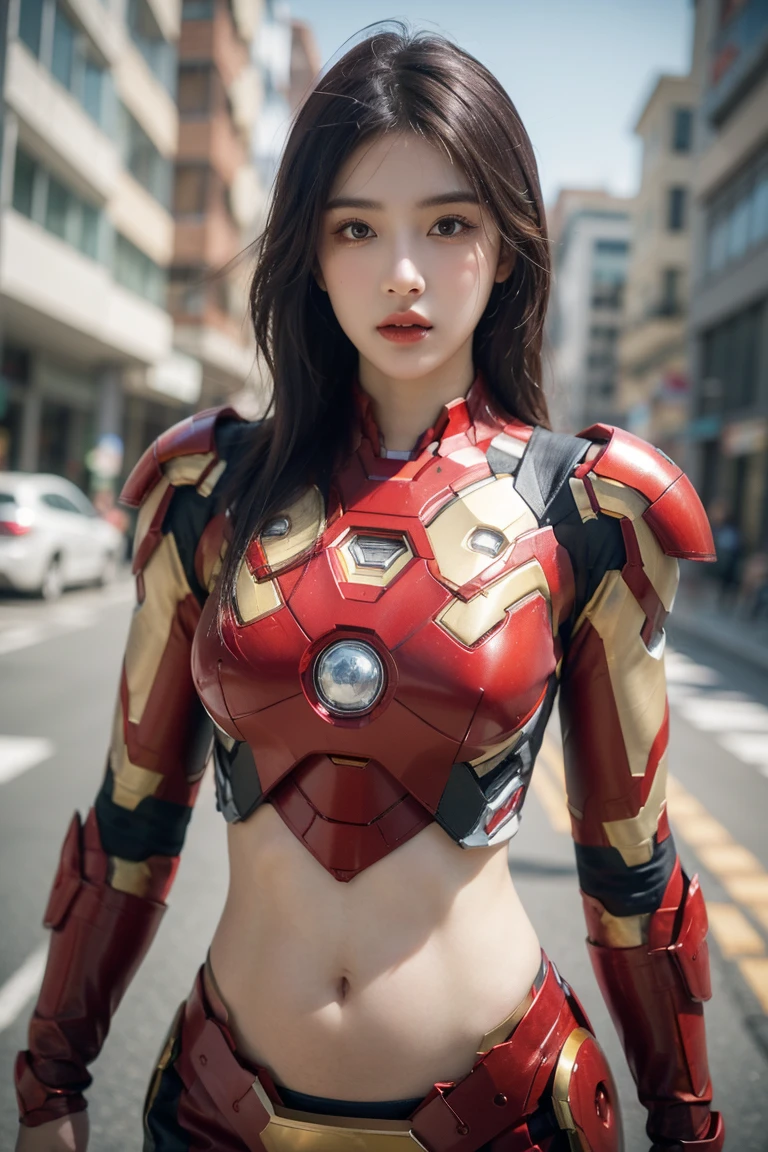 A girl wearing red Iron Man armor,Exposing sexy belly,((cowboy shot)),Looking at the camera,Detailed facial features, beautiful eyes, Lips, and long eyelashes, Reality, 8K, Very detailed, Studio Lighting, Dramatic Lighting, Vibrant colors, work, City Streets,The abdomen is open,Showing belly,Sexy abdominal muscles