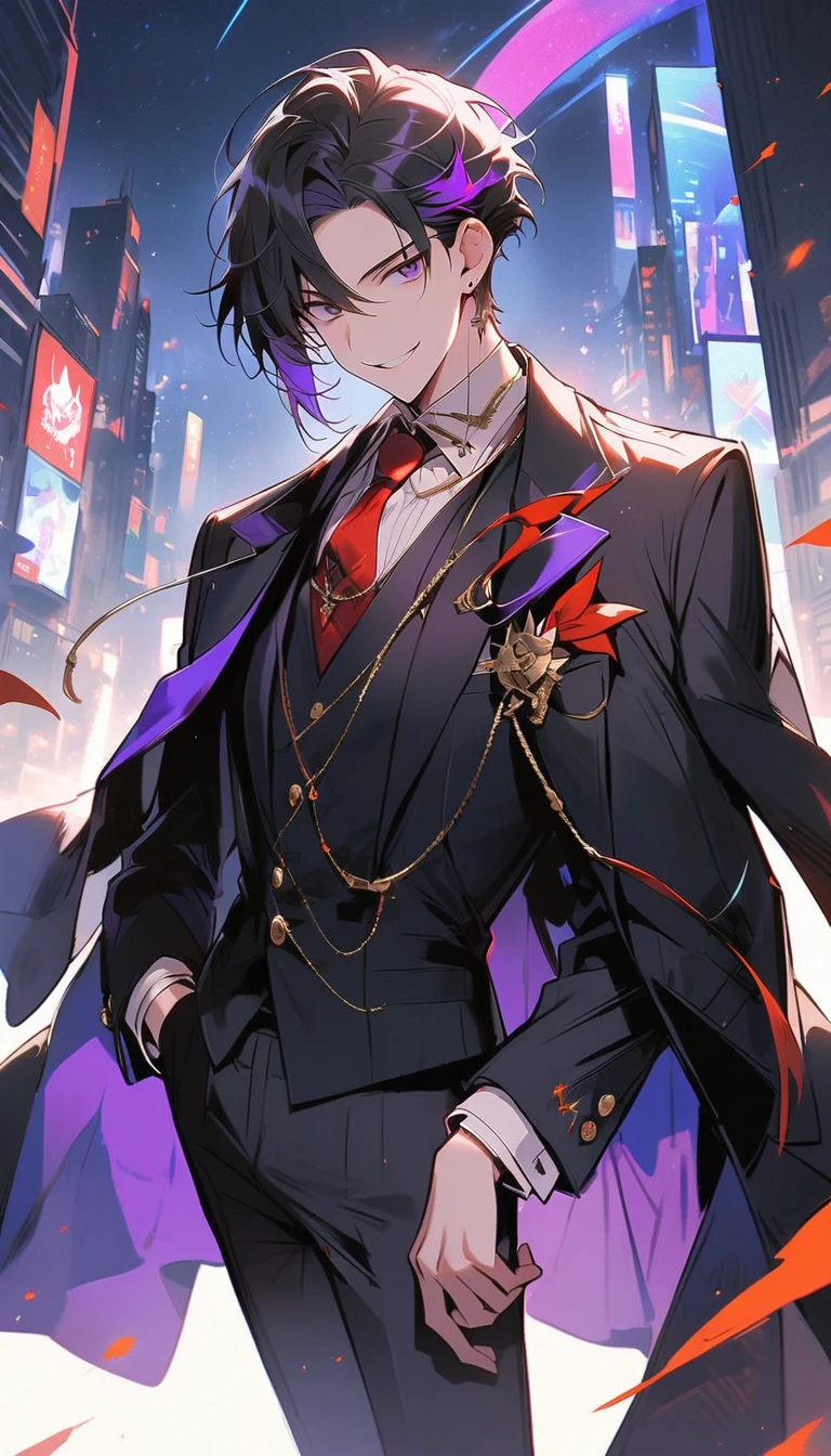 good looking, alone, 1 male, short hair,  Smile Facial,1. Boy with black and purple hair,  Moderate height, Slim body, Long coat, Black lining,good looking, short hair, Black Hair, Rainbow Hair, Purple eyes, 先端がスモーキーグレーのBlack Hair,  smoking, Black light,smile、, Bright, sharp eyes illuminate the scene,uniform,Fewer accessories,whole body,Background white,(masterpiece, Highest quality), Yishang_edge, Default_Costume, One boy, alone, Red tie, Black jacket, Black vest, Jacket on shoulders, White shirt, Collared shirt, Black trousers, View your viewers, city, night, 