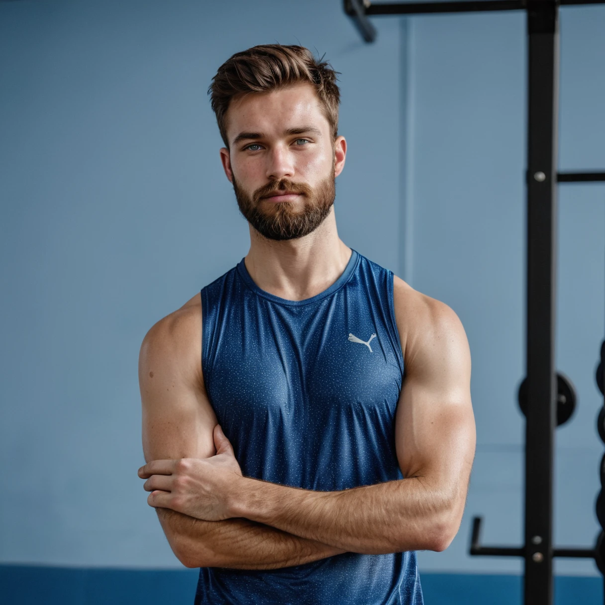 RAW-Foto, close full body portrait of handsome man with beard in sportswear, with arms crossed, he is standing in a gym, detailed face, blue eyes, (highly detailed skin:1.2), 8K  UHD, dslr, soft lighting, good quality, film grain, Fujifilm XT3 dappled light on the face, pale skin, Hautporen, oiled, shiny skin, Skin impurities, impure skin, complicated skin details, visible skin detail, detailed skin structure, Blush, folds, Vitiligo spots, moles, Blackheads, Blackheads, white pimples, red pimples, Schönheitsfleck, Hautflaum, [[[[[freckles]]]]] (perfect eyes), ((perfect hands with four fingers and one thumb each))