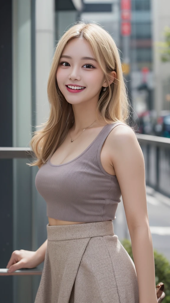 Highest quality, shape, Very detailed, finely, High resolution, 8k wallpaper, mini skirt,Face close-up ,Mouth open,one piece, Blonde,Sexy look,Natural color lip, Random sexy poses,smile,Beautiful teeth,20-year-old girl,Random background