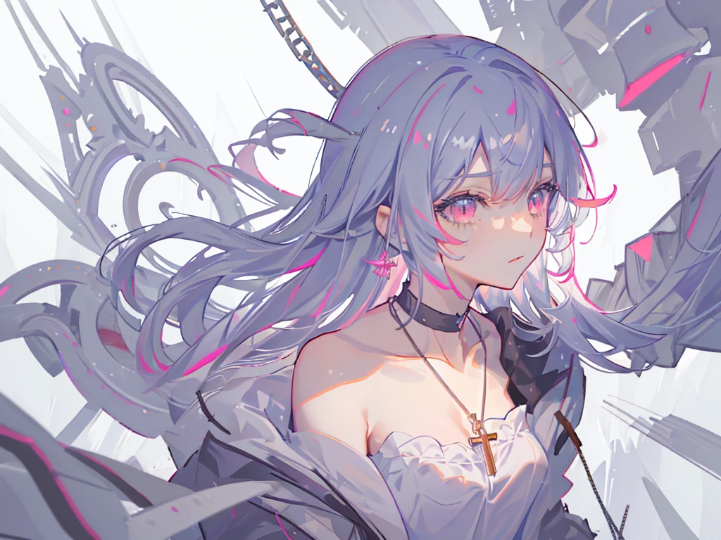 8k wallpaper,tmasterpiece,cinmatic lighting,top Quority,illustratio,Dramatic angles,((a color:1.1)),((Colored inner hair:1.4)),
1girll, solo, long whitr hair, SakuraNS, Pink eyes, Cross necklace, parted lip, a white choker, liquid hair, Pink gray hair, By bangs, By bangs, From the side Side, contours, The upper part of the body, blue hairs, simple backgound, pink back ground, exposed bare shoulders, sportrait, looking at viewert, white dresses, hairsbetweeneyes, colorfulhair, white backgrounid, 耳Nipple Ring,jewely