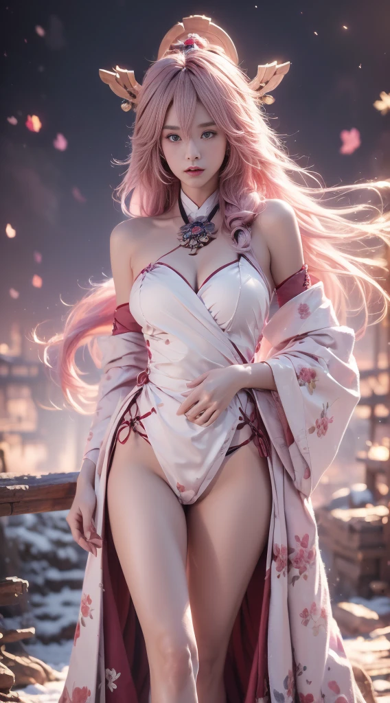 shenzi,1girl,long hair,pink hair,purple eyes,very long hair,hair_ornament,pink kimono ((cowboy shot)), ((Bare shoulder)), ((Short hemlines, sexy long legs)), realistic detailed photo of a giant breasted girl with exposed shoulders, detailed fingers, high quality skin, red eyes, alone in a winter scene with clouds, wind, and flowing hair, (best quality,4k,8k,highres,masterpiece:1.2),ultra-detailed,(realistic,photorealistic,photo-realistic:1.37),studio lighting,vivid colors