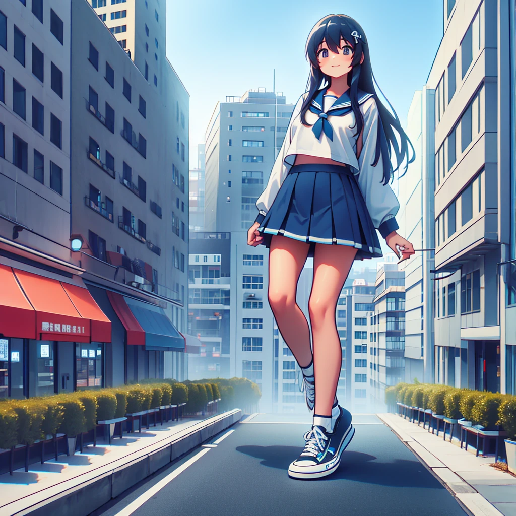 5000m Miki Hayaka, The city is at your feet, Wear light blue sneakers, It stands on a building，Overlooking the town, A girl taller than a tall building，Shy，Sailor Suit，Short skirt，A city smaller than an ant
