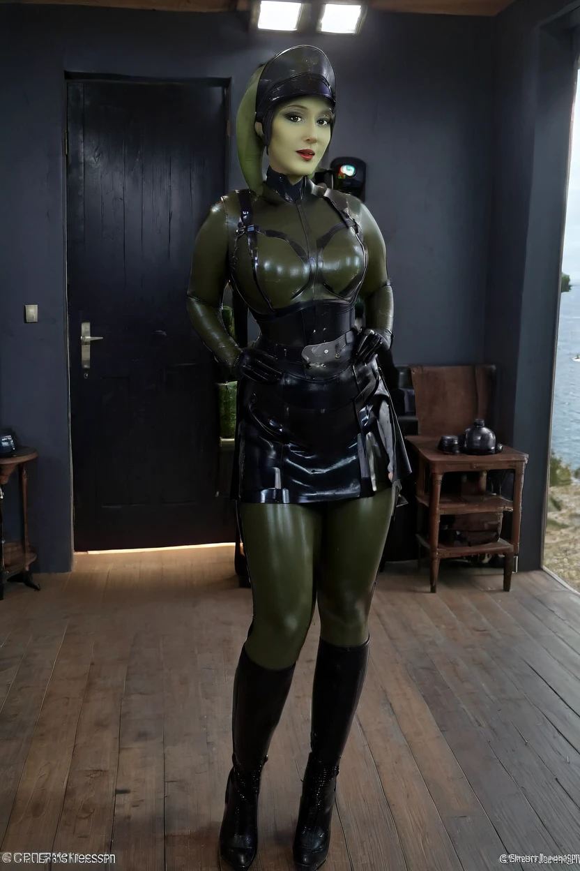 , cinematic film still hera syndulla, (green skin:1.2), grin at canal, full body shot, highly detailed environment . imperail officer wearing a black uniform with a skirt, standing in a dark interior, highly detailed, high budget Hollywood movie by baz luhrmann, bokeh, cinemascope, moody, epic, gorgeous, film grain, grainy