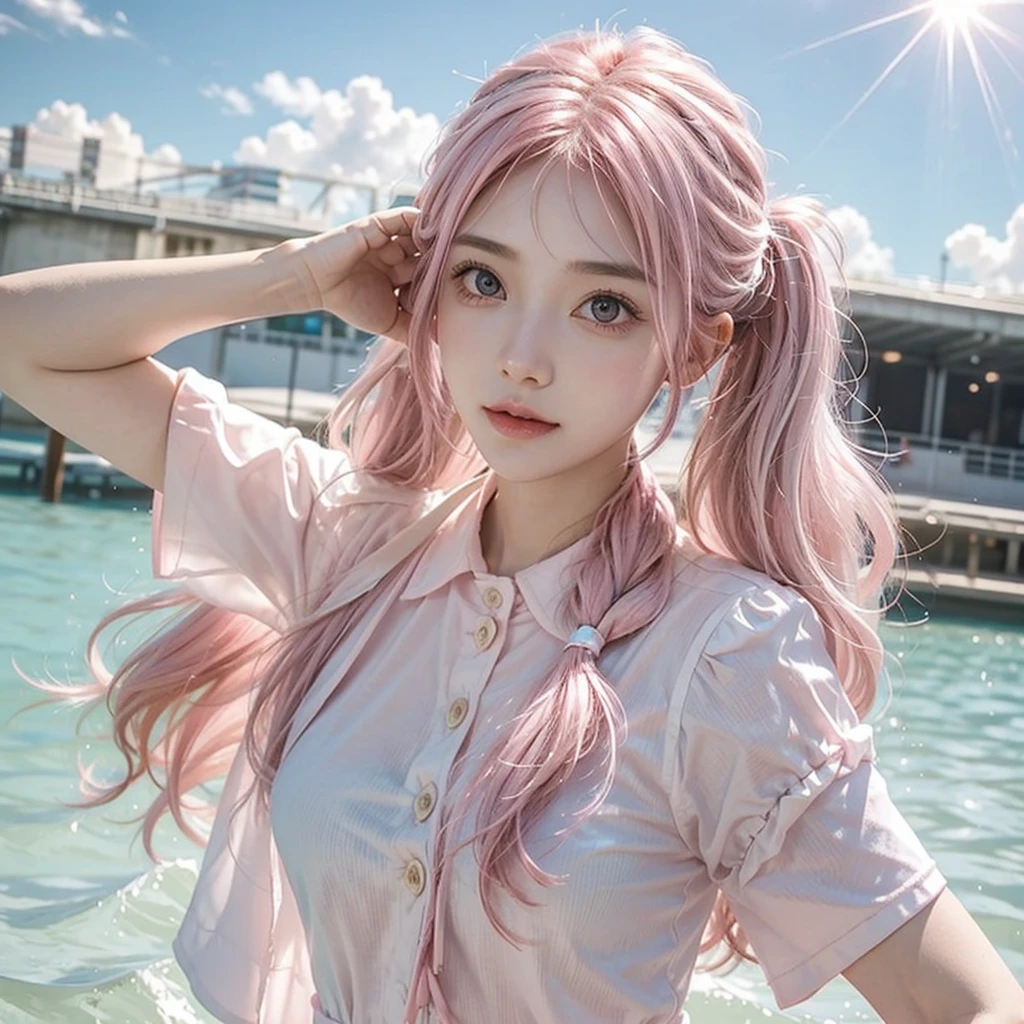 Light pink hair, Pink Eyes, Pink and white, blue sky, Vibrant colors, blouse white、Splash, Light Racing, Wavy long hair、Splash、Light of the sun、Pigtails、One Woman