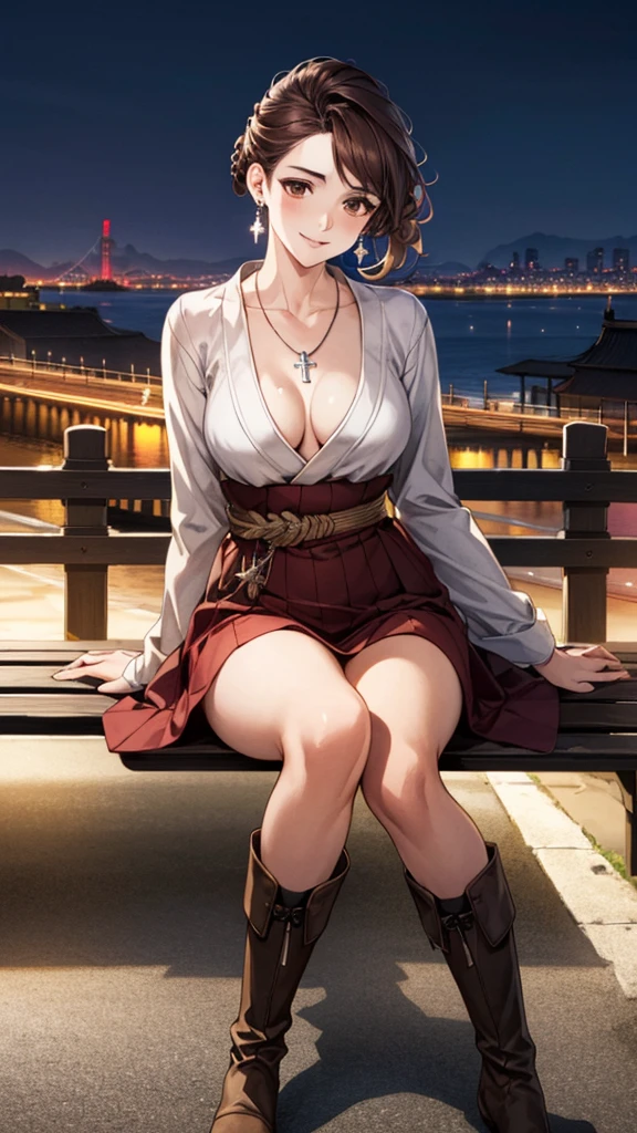 (masterpiece:1.3, Highest quality, Ultra-high resolution, Super detailed), (Realistic, photoRealistic:1.4), Beautiful illustrations, Perfect lighting, colorful, Depth of written boundary, Beautiful detailed hair, Beautifully detailed face, Beautiful fine details, Droopy eyes、Beautiful clavicle, Beautiful body, 美しいLarge Breasts, Beautiful thighs, Beautiful feet, Beautiful fingers, View Viewer、Front view:0.6, Beauty1人, Japanese, Beauty、30 years old, Perfect Face, (Perfect Anatomy, Anatomically correct), Cute and symmetrical face, , , Shiny skin, (Red long sleeve knit A-line dress:1.4、with thin belt) 、(short boots:1.3)、(Dark brown hair, Updo Hair:1.4), braided bangs、Dark brown eyes, Droopy eyes、Large Breasts, Slim body, necklace, Small earrings:1.1, (Beautiful views), (night), (city, cityscape in the distance), Riverside、(Sitting cross-legged on a bench)、 A soft smile、(Smile, Lips parted),