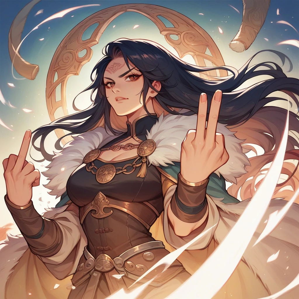 A beautiful cat with majestic and very strong Asian features, a Viking warrior, making a cursing motion with her middle finger, in high quality, in an anime style, with beautiful colors..