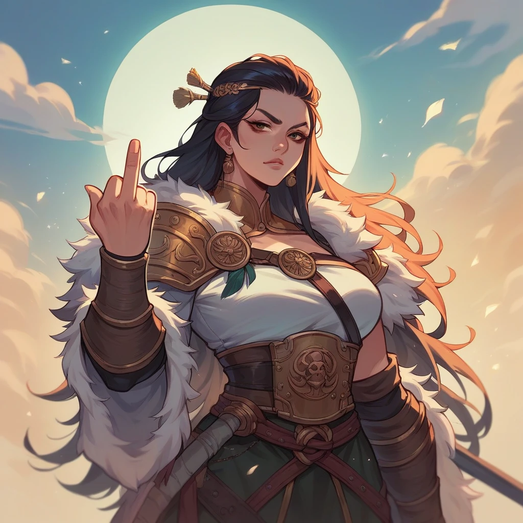  A beautiful cat with majestic and very strong Asian features, a Viking warrior, making a cursing motion with her middle finger, in high quality, in an anime style, with beautiful colors..