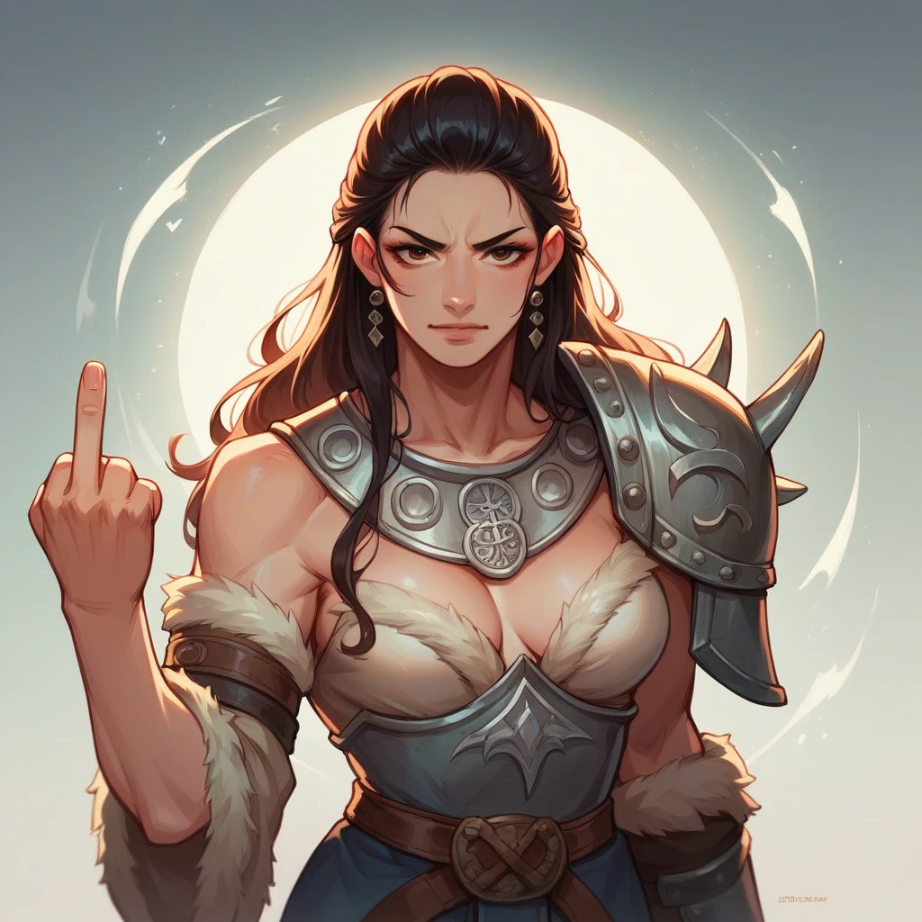 I want a selfie of a beautiful cat with a very attractive and majestic Asian warrior, a Viking warrior, making a cursing gesture with her middle finger, in high quality, in realistic style.