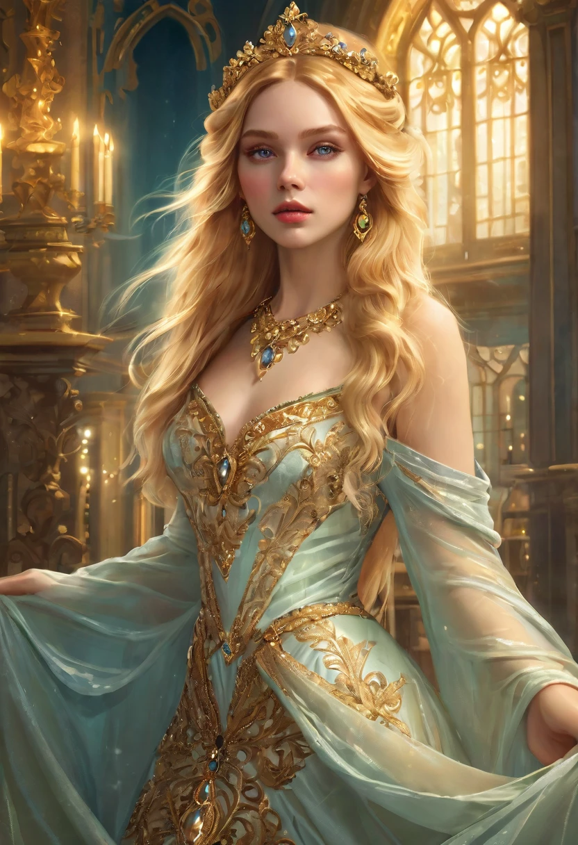 a beautiful young woman with long golden blonde hair, wearing an ornate baroque style Evening Dress, ethereal fantasy portrait, digital art, photorealistic, 8k, highly detailed, masterpiece, dramatic lighting, cinematic, glowing skin, piercing eyes, elegant pose, flowing fabric, ornate jewelry, ornate headpiece, dreamlike atmosphere, whimsical, magical realism, soft color palette, warm tones