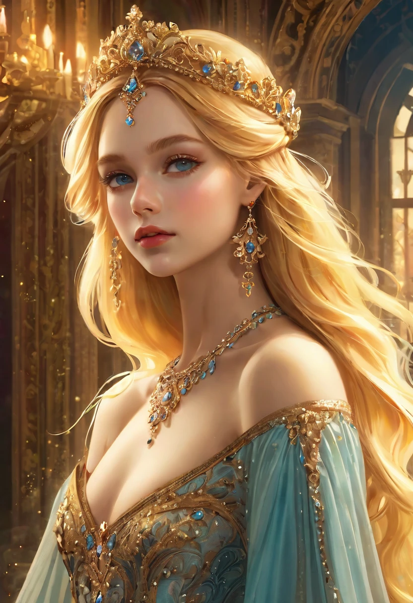 a beautiful young woman with long golden blonde hair, wearing an ornate baroque style Evening Dress, ethereal fantasy portrait, digital art, photorealistic, 8k, highly detailed, masterpiece, dramatic lighting, cinematic, glowing skin, piercing eyes, elegant pose, flowing fabric, ornate jewelry, ornate headpiece, dreamlike atmosphere, whimsical, magical realism, soft color palette, warm tones