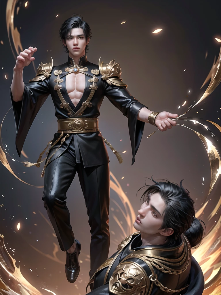 (Martial arts style works),(quality),(height) ,1 boy,light black eyes, short dark black hair., alone,(Detailed background of a young boy),Handsome and detailed face.,fairy tale,(human race),The body is thin and shiny..,The details are perfect..,Image of the construction of a magic camp,Show movie subtitles,wear'Didn't see the view.,Not looking at the view.,Amazing light and shadow,Wear a beautiful blue and white traditional Chinese outfit with perfect details..(No pants),Wear a beautiful long dress..,A website for fine jewelry in style.,moon,Blue butterflies all around, floating on water,There's a big one., There was a fine blue ring around it..