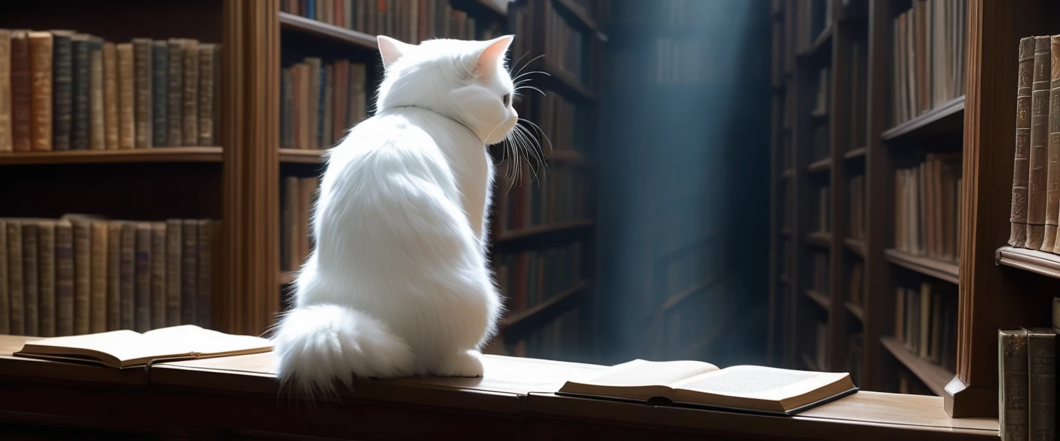 Full body, from behind, standing, costume, illustration of a little cute creature reading a book in a library. The creature is standing facing a bookshelf and reading a book. Fantasy art, exquisite details, Jean-Baptiste Monge style, Alan Lee style, anthropomorphic white cat, cinematic scene, dramatic shot angle, atmospheric particles, realistic, raw cinematic photorealism, action portrait, 8k, detailed, the creature is standing on the right side of the screen, full frame