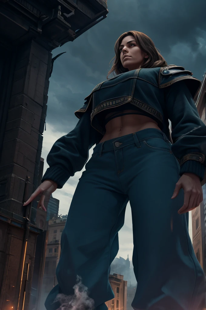 "A towering giantess in a cool and relaxed hippie style is wearing a crop top and baggy pants. His toned, athletic build suggests his enormous strength. Ela parece estar passeando casualmente pela movimentada paisagem urbana de GTS City, while imposing buildings rise overhead. Smoke and clouds swirl around you, enhancing the sense of epic scale and drama. The lighting is dark, grimdark, and realistic, creating a tense and threatening atmosphere. The perspective is from below, emphasizing the majesty and power of the Giant."