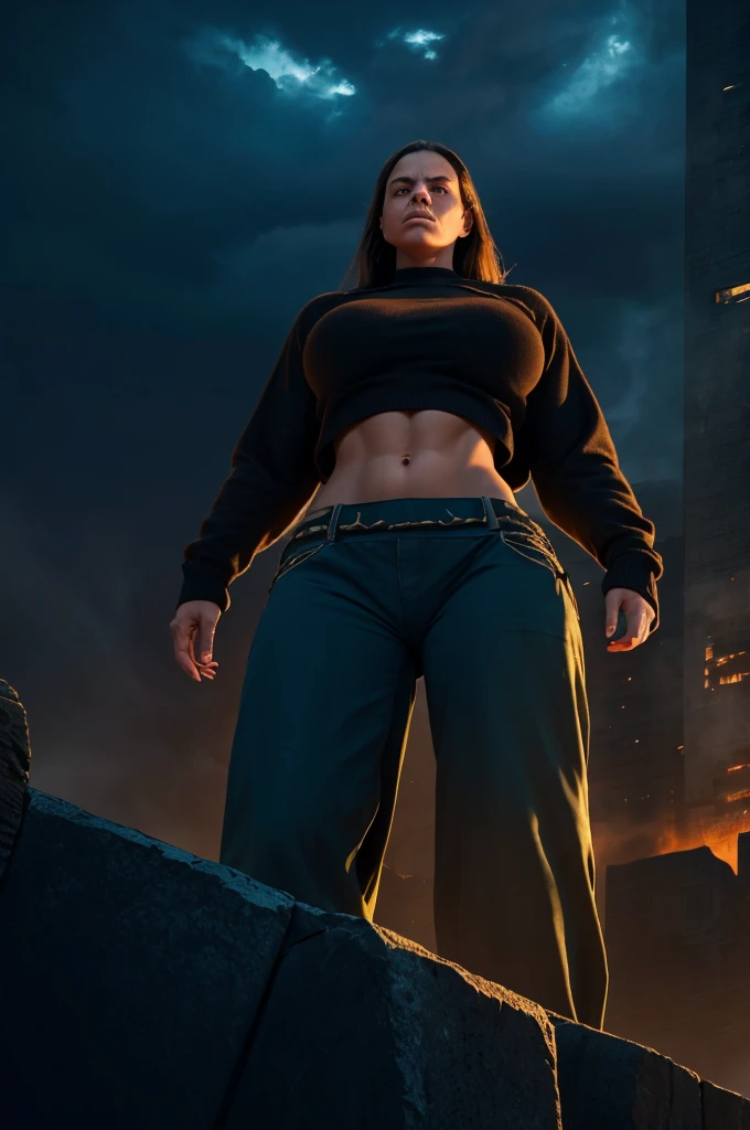 "A towering giantess in a cool and relaxed hippie style is wearing a crop top and baggy pants. His toned, athletic build suggests his enormous strength. Ela parece estar passeando casualmente pela movimentada paisagem urbana de GTS City, while imposing buildings rise overhead. Smoke and clouds swirl around you, enhancing the sense of epic scale and drama. The lighting is dark, grimdark, and realistic, creating a tense and threatening atmosphere. The perspective is from below, emphasizing the majesty and power of the Giant."