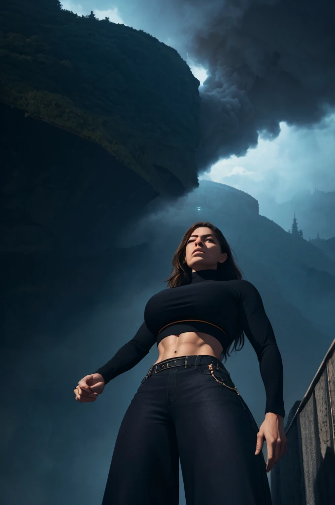 "A towering giantess in a cool and relaxed hippie style is wearing a crop top and baggy pants. His toned, athletic build suggests his enormous strength. Ela parece estar passeando casualmente pela movimentada paisagem urbana de GTS City, while imposing buildings rise overhead. Smoke and clouds swirl around you, enhancing the sense of epic scale and drama. The lighting is dark, grimdark, and realistic, creating a tense and threatening atmosphere. The perspective is from below, emphasizing the majesty and power of the Giant."
