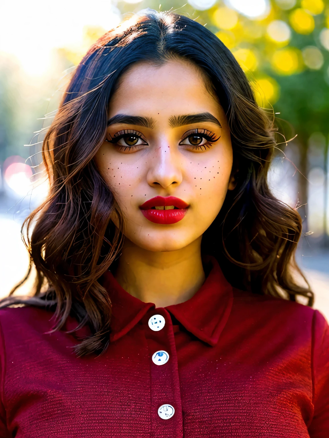 photo portrait of noor, wearing red tip, outside on a sunny day, looking at viewer, lense flare, (realistic eyes, symmetric face:0.8) (masterpiece:1.2) (photorealistic:1.2) (bokeh) (best quality) (detailed skin) (intricate) (8k) (HDR) (cinematic lighting) (sharp focus), big breast, big natural lips, dark red lips, sparkling day dreams eyes., 19 yo female noor