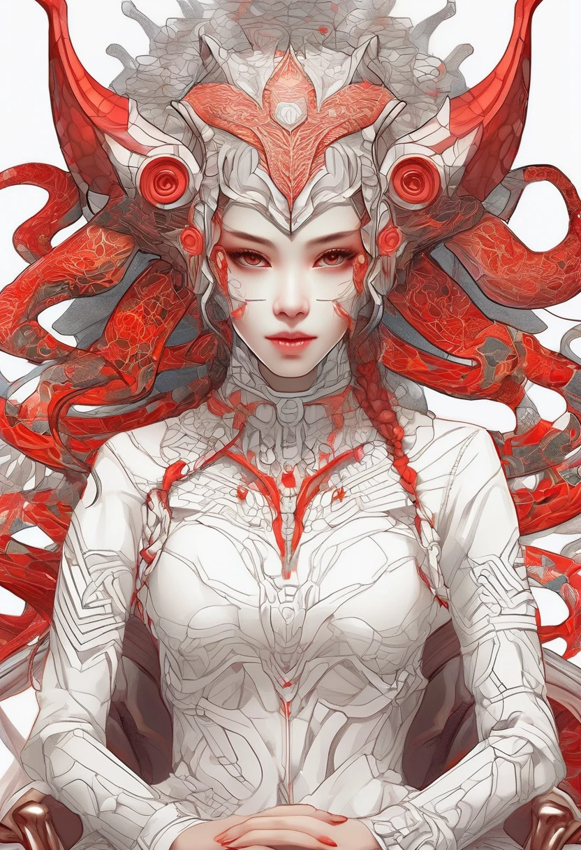 A cool girl is sitting upright and looking at the viewer.、A terrifying demon mask is depicted in the background.、White background、Red Line、Fractal Art Lines、Zendangle Art、Masterpiece、Ultra-detailed、8K