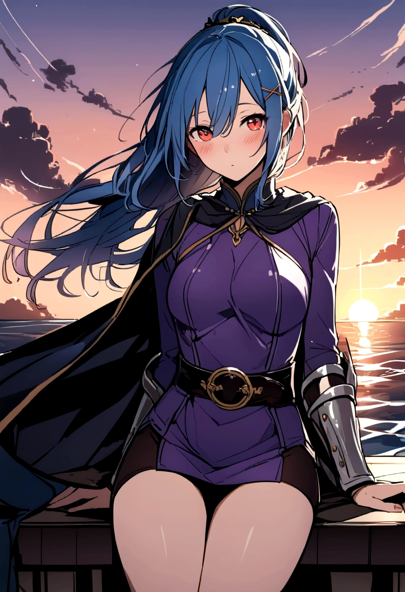 (((Highest quality))),(((masterpiece))) Ultra-detailed, (Backlight), blush, sunset,, View your viewers, (sexy), ((thigh)), dawn,Sitting,
Realistic, Sharp focus, Ray Tracing, Cinema Lighting, (Wind), Perfect composition, A cowboy shot a girl,
water, Ocean, horizon, null, cloud,
short_dress,black_shorts,, mini skirt , Brown breasted plate, blush, belt, purple dress, Arm guard, Long sleeve,Cape,
Mid-chest,hair ornaments, Raised ponytail,Long Hair, (Red eyes),(Blue Hair),bangs,, x hair ornaments, Hair between the eyes, Waking up、morning、sleepy