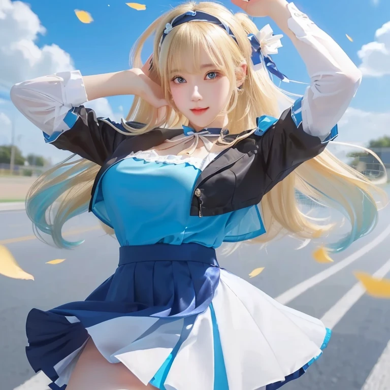 a woman in a short skirt and a blue top is posing for a picture, cute waifu in a nice dress, blonde girl with long hair, beautiful high school girl, ( girl), attractive girl, beautiful girl, moe artstyle, young girl, style 4 k, splash art , smooth cg art