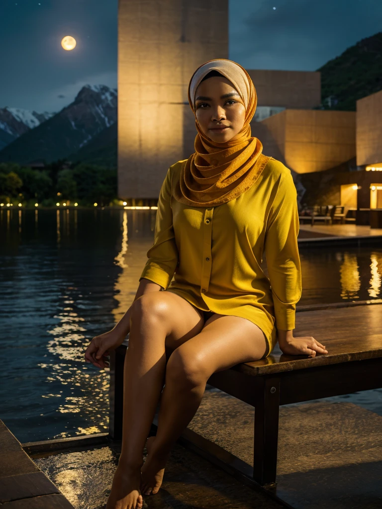 A very starry night. Big moon behind the mountains. The calm lake reflects the night. a beautiful Indonesian woman wearing a hijab, yellow shirt, sitting with her knees propped up, sad expression, realistic scene, detail, Photorealism, 16k