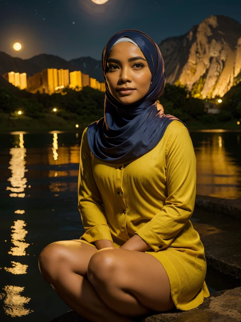 A very starry night. Big moon behind the mountains. The calm lake reflects the night. a beautiful Indonesian woman wearing a hijab, yellow shirt, sitting with her knees propped up, sad expression, realistic scene, detail, Photorealism, 16k