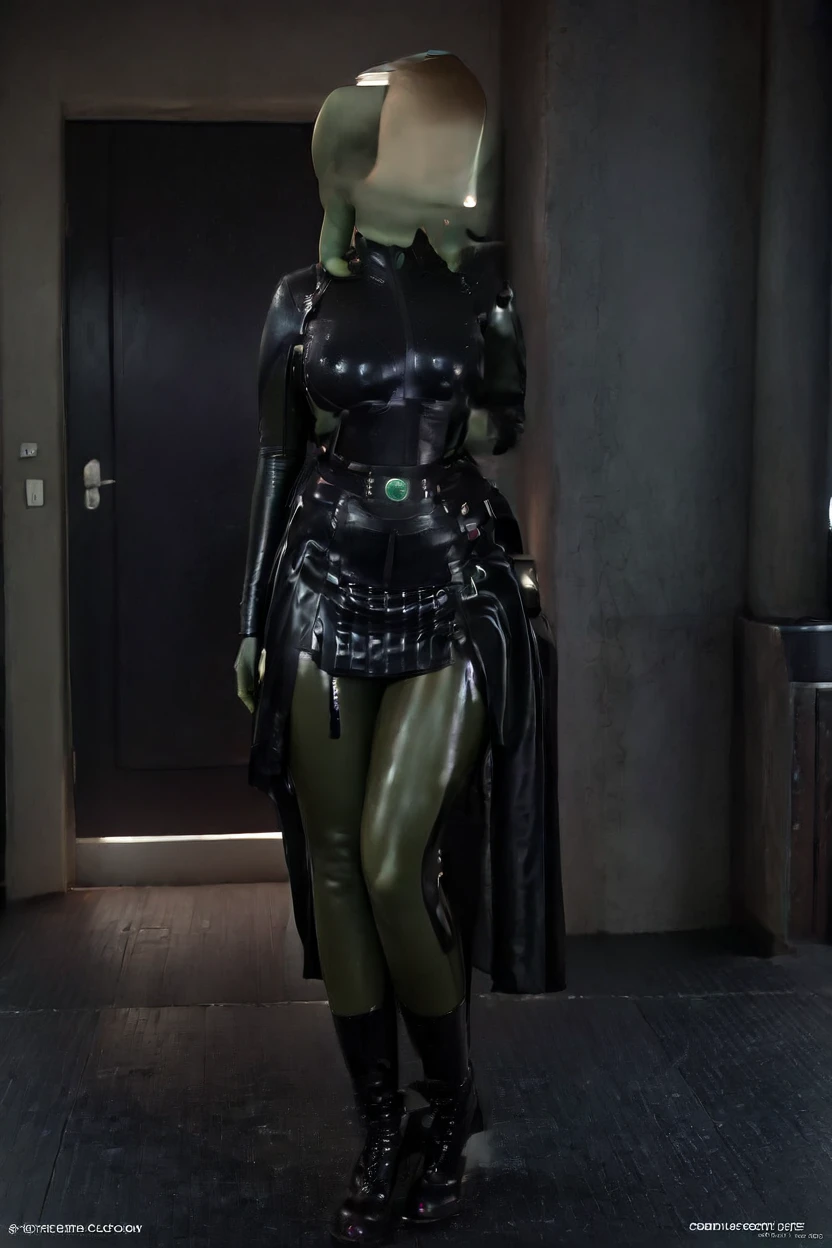 cinematic film still hera syndulla, (green skin:1.2), grin at canal, full body imperail officer wearing a black uniform with a skirt, standing in a dark interior, highly detailed, high budget Hollywood movie