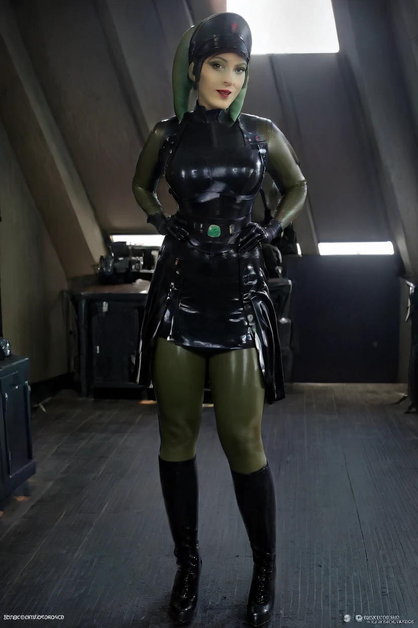 cinematic film still hera syndulla, (green skin:1.2), grin at canal, full body imperail officer wearing a black uniform with a skirt, standing in a dark interior, highly detailed, high budget Hollywood movie