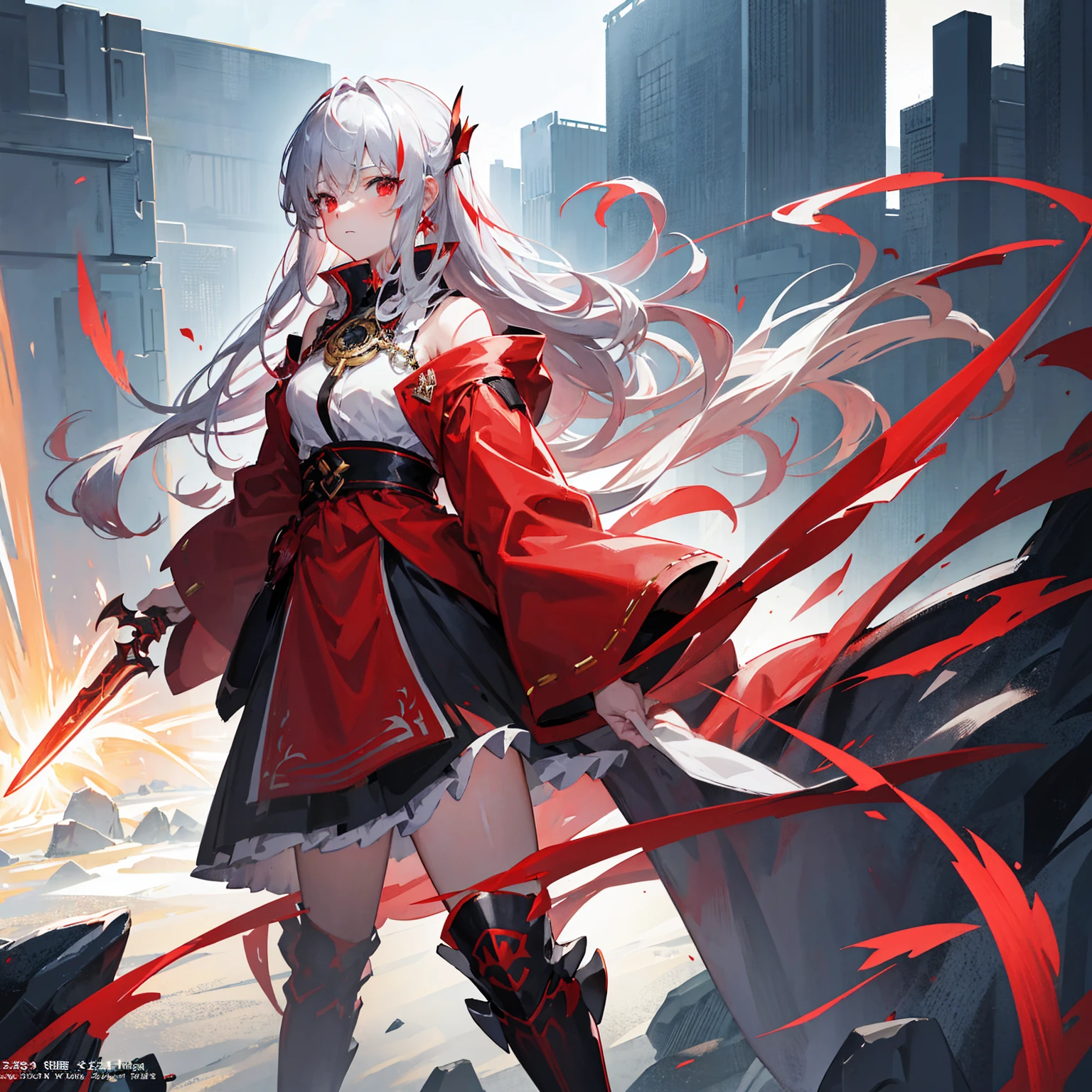 Wearing a red and white dress、anime girl holding sword, Highly detailed official artwork, Epic Light Novel Cover Art, epic Light novel cover art, Silver and red armor, guweiz on pixiv artstation, Anime style 4K, Detailed key animation art, Light novel cover art, Anime Fantasy Artwork,White hair and red eyes,Side Ponytail,Waist-length hair,one person,Portraiture,Reading