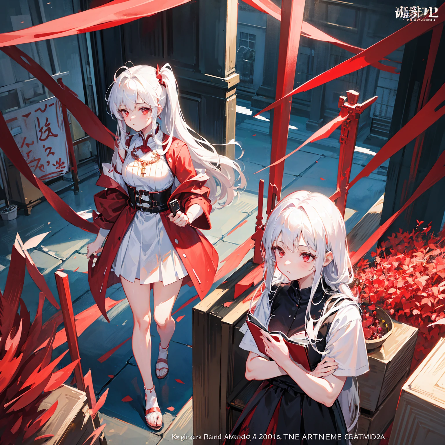 Wearing a red and white dress、anime girl holding sword, Highly detailed official artwork, Epic Light Novel Cover Art, epic Light novel cover art, Silver and red armor, guweiz on pixiv artstation, Anime style 4K, Detailed key animation art, Light novel cover art, Anime Fantasy Artwork，White hair and red eyes，Side Ponytail，Waist-length hair，one person，Portraiture，Reading