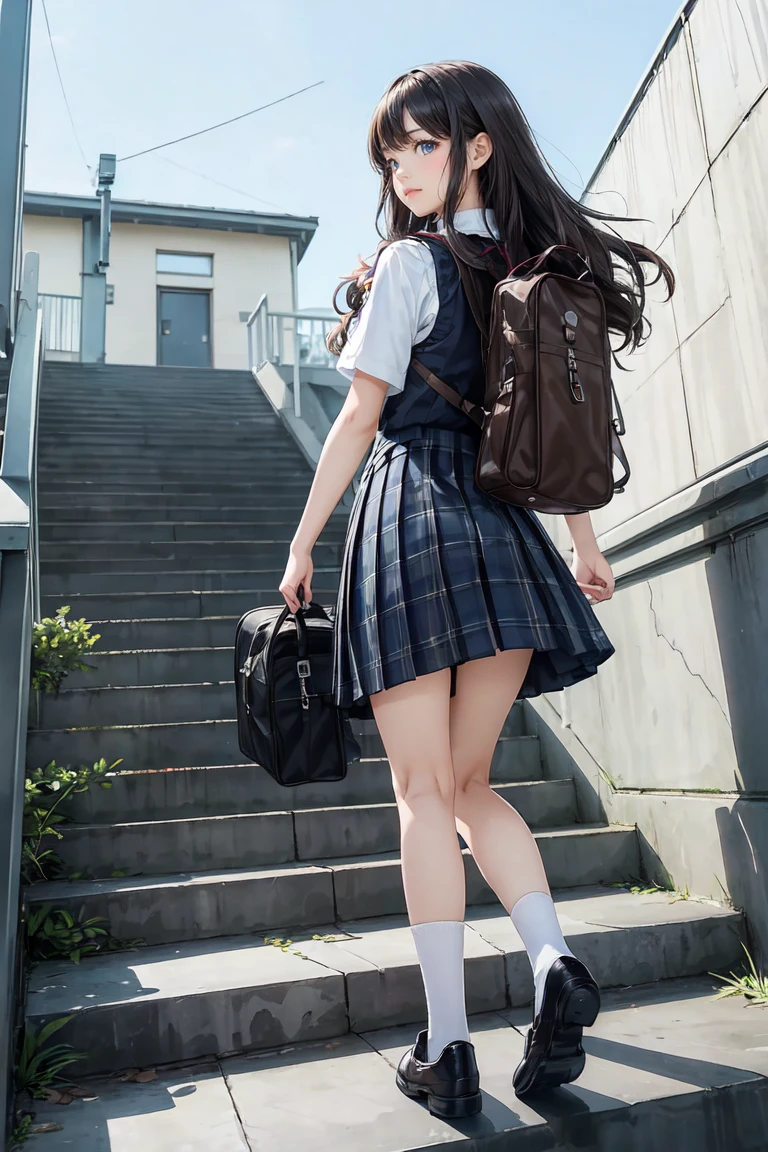 (full body:1.3), (Angle from below:1.3), (ultra detailed eyes), (ultra detailed face), high quality, best image quality, masterpiece, teenage girl, 18 years old, very cute and beautiful girl, (school stairs:1.2), ((school uniform)), (school vest:1.2), (plaid skirt:1.2), school bag, (Dark blue ankle socks:1.2), (Brown Loafers:1.2), medium breasts, medium black hair, soft wavy hair, (smile:1.2), (looking back, from behind:1.3), Natural lighting, Hair fluttering in the wind, ((Finest quality)), ultra high resolution, ultra-detailliert, Meticulous portrayal, ((Best Anime)),