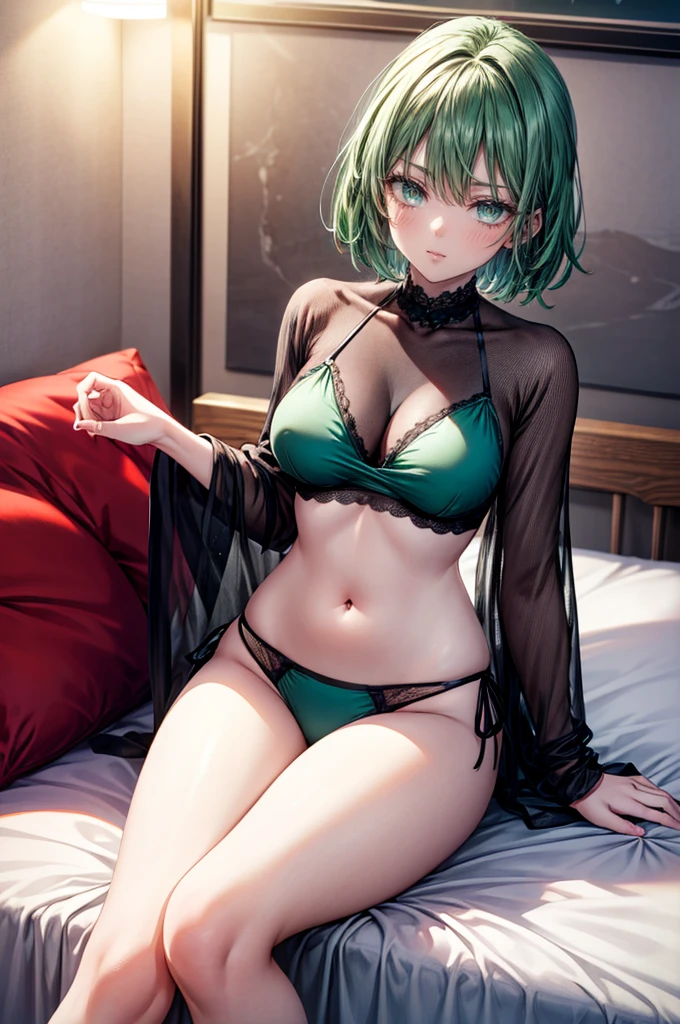 Beautiful young girl is looking at the viewer,1girl,short silky dark black and dark green hair,beautiful green emerald eyes,sexy black Bikini ,sexy black panties,,big breasts,sexy thighs,sexy open leg pose,sexy pose,blushing,smile,bedroom,anime,masterpiece,8k,very high quality,standing pose