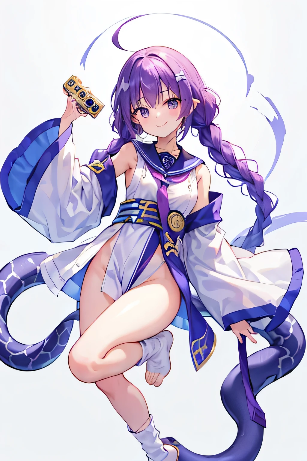 Only white background、snake charmer、smile、The cutest in the world、Purple Hair、Photograph your whole body from the front、Knee-high socks、Looking up、Standing pose、Covers from head to toe！、Snake 、Take a full-body photo！！！The camera is in front、Carefully crafted down to the last detail、Especially the face is drawn cutely.、Put your whole body into it、Snake print clothing、Make sure to include the toes、Put your whole body into itStanding pose、Snake entangled