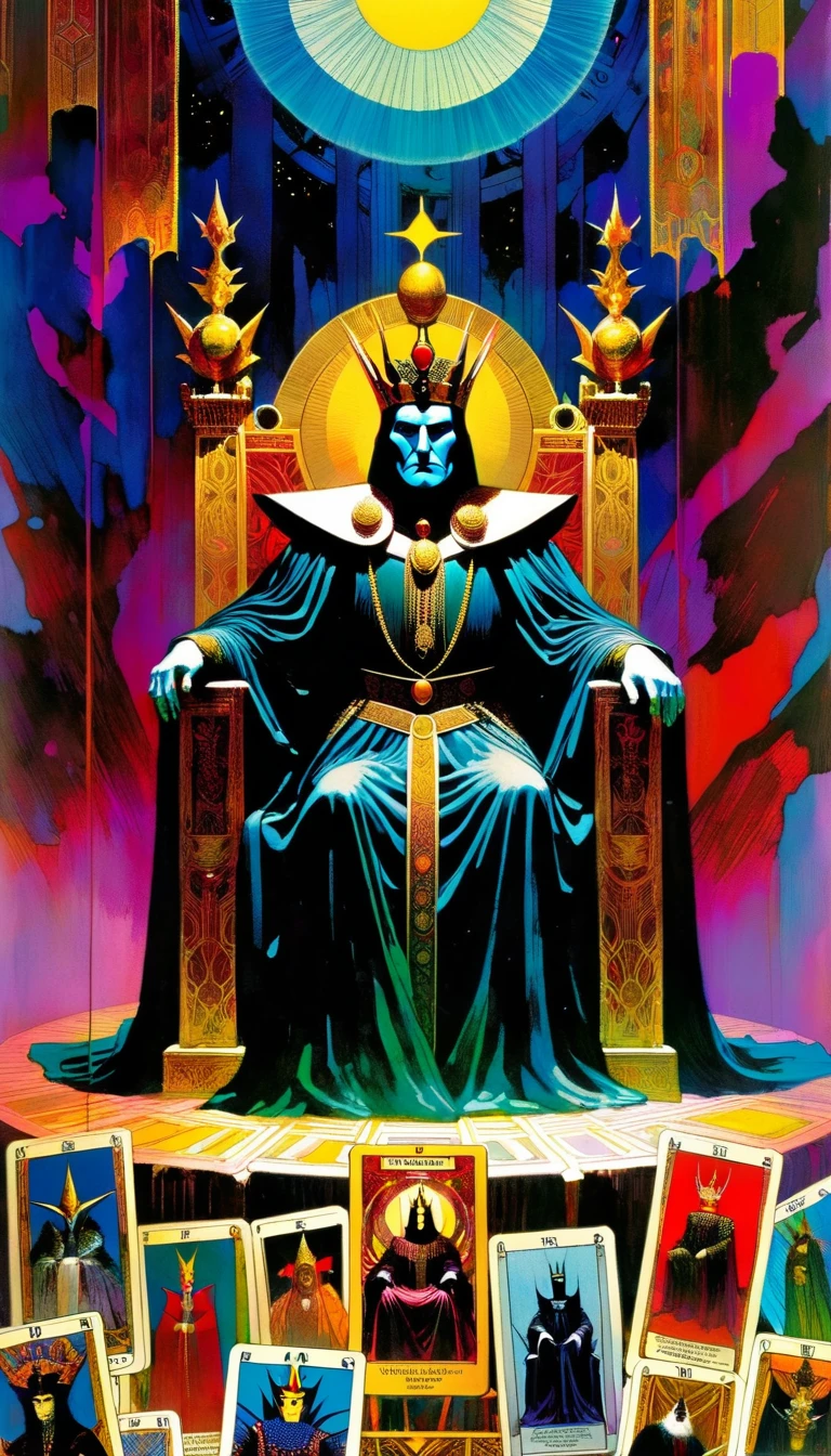 tarot card, the emperor, IN THE TRONE ((text on card: "EL EMPERADOR"))artwork by Bill Sienkiewicz, vivid colors, intricate details, oil.