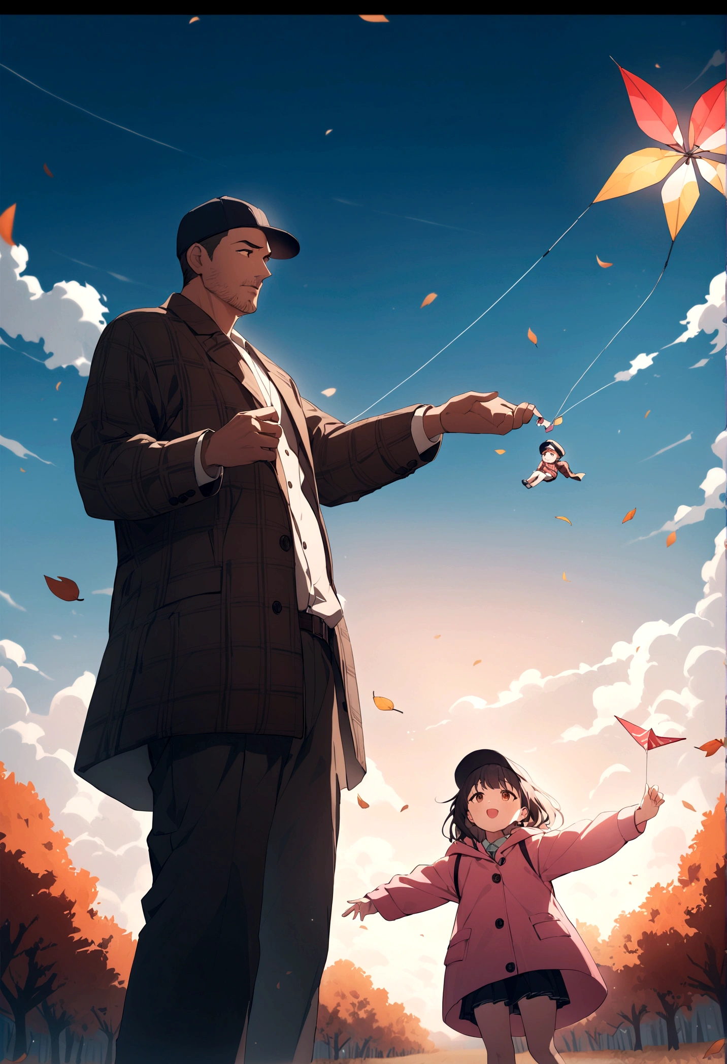 Father and Daughter, A heartwarming scene of a father figure and a child in an autumnal park. A gentle man with gray stubble, in a checkered coat and cap, teaches a jubilant girl in a pink raincoat to fly a kite. Their cheerful expressions and colorful clothing brighten the fallen leaves around them. Cinematic film still, shot on v-raptor XL, film grain, vignette, color graded, post-processed, cinematic lighting, 35mm film, atmospheric, a masterpiece, epic, stunning, dramatic, masterpiece, best quality, very aesthetic, absurdres