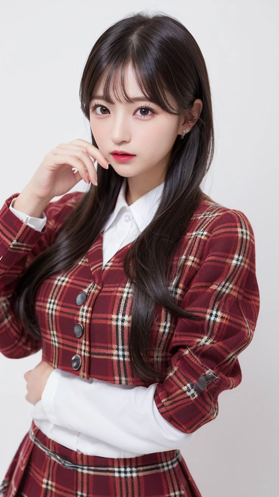 (((forehead、Northern Europe、White people、beautiful girl、Black Hair、White background、AKB48、Idol、Red plaid、uniform、mini skirt、Jacket)))、table top, highest quality, figure, super detailed, finely, High resolution, 8k wallpaper, Perfect dynamic composition, detailed and beautiful eyes, Deco out,bionde, medium hair, super big breasts, Natural color lip,white background, random cute poses,frill dress