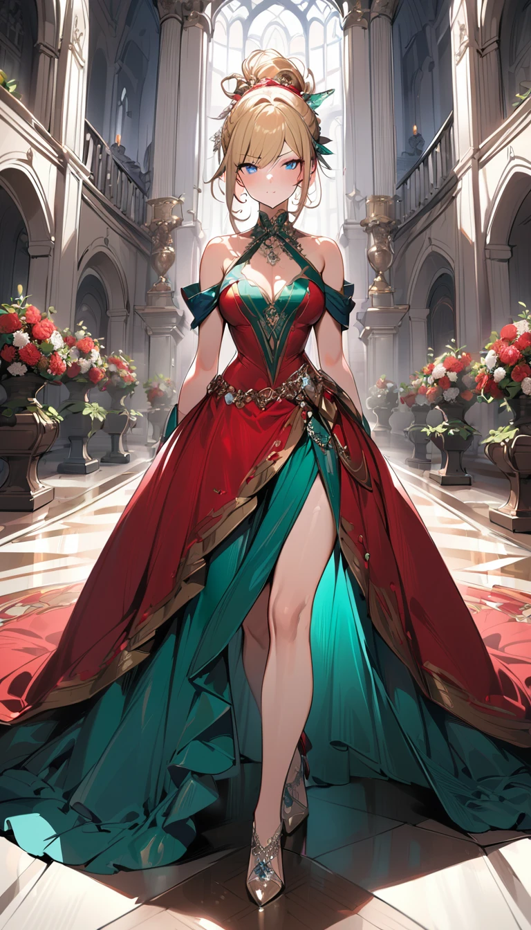Woman, serious, warrior, armour, elegant, red and green evening dress, aristocratic, silver elements, long nails, blonde hair, blue eyes, bare shoulders, hairstyle, hair up, braid and ponytail, messy, arrogant, absurd, detailed dress, royalty, celebration, hall decorated with flowers, full body shot, portrait, (best quality), (masterpiece), (highly detailed), (4k)