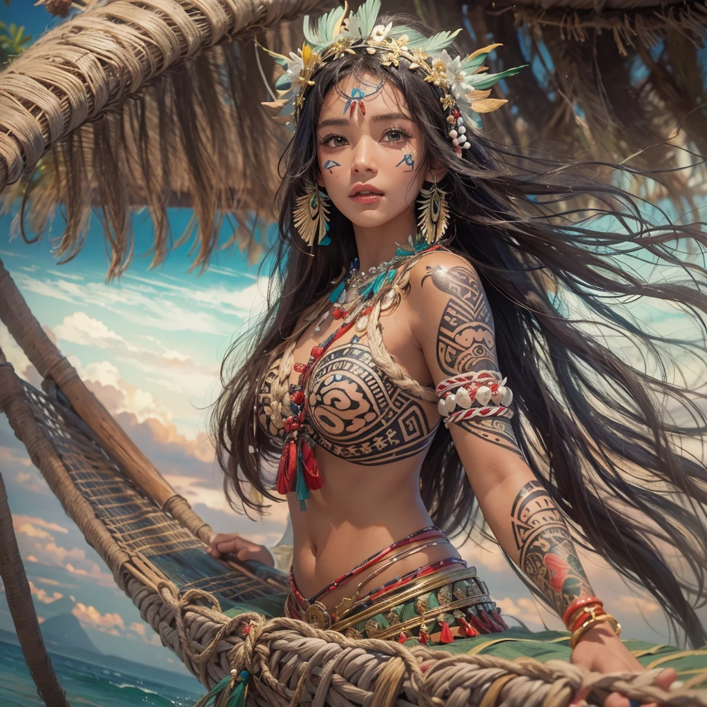 Polynesian Sea、Hair blowing in the wind 、 ((highest quality、masterpiece、8k、Best image quality、Ultra-high resolution、Award-winning works)、(Accurate anatomy:1.1)、(Look at me and smile:1.0)、Shining fair skin with Ultra-high resolution、The most detailed face、Ultra-high resolution detailed face、Ultra-high resolutionの髪の毛、(Ultra-high resolution eye:1.1)、Beautiful face drawn in every detail、Polynesian Costume,Small breasts,  Polynesian Tattoo,  Polynesian canoe、Wearing Polynesian costumes:1.2.