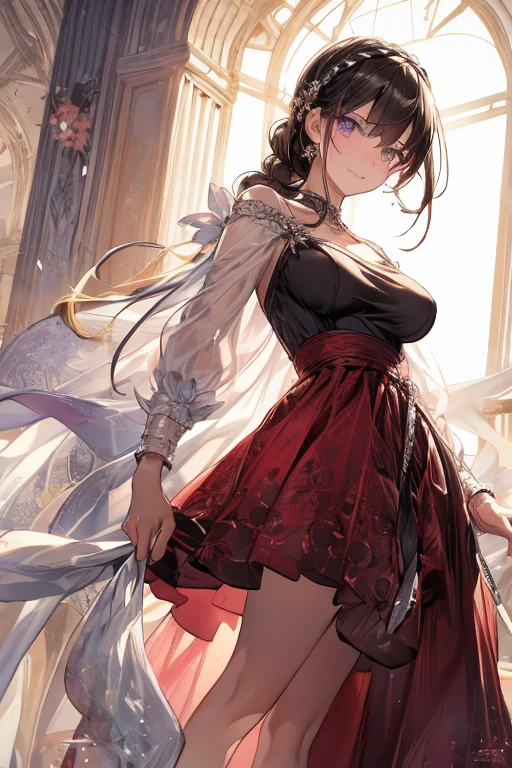 (from below:1.2),(from side:0.9), (Close-Up:0.6), highest quality、(real、photorealistic:1.4)、(RAW photo:1.2)(Curve,Model,glamor:1.5),Beautiful breasts,colour_aberration,beautiful detailed shadow,Beautiful eyes,Beautiful body,Beautiful skin,beautifull hands,(medium_breasts:1.5),1 girl in, (perky chest:1.2), (pointed chest:1.2), dark bronde hair,long hair,side ponytail,hair between eyes,bangs,Purplish brown eyes that dreamers desire, (Blonde hair) , small stature, Colossal tits, Lori, (masutepiece:1.2, Best Quality), (finely detailed beautiful eye: 1.2), (beautifull detailed face), (Best Illumination, extremely delicate and beautiful), ((Cinematic Light)), Dramatic light,Ultra Contrast、Braid a little around the ears, clavicle, red long dress、only has 5 fingers,Her pussy is visible through the see-through white thong、Wet pants、You can see inside your underwear、full of sweat、mocking look、diaper、nffsw,Arms crossed、grab the arm、Shoot from below、The angle is as seen from below.、Best Quality、Large breasts、muscular pussy:1.2、Pubic hair,high-level image quality、hightquality、8K,perfect hand、5 fingers、finger pin、Perfect Finger、see-through T back、Naked、noise cut、bullet hand、Her hair color should have been a brighter brown,The skirt part is also carefully expressed,brown skirt、the skirt is floating in the wind:1.3、see-through purple panties、Pubic hair majority,(with sparkling eyes and a contagious smile),her thin pubic hair:1.2, looking at viewer
