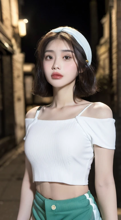 ((Best Quality, 8K, Masterpiece: 1.3)), (Flower Cap: 1.3), Focus: 1.2, Perfect Body Beauty: 1.4, Buttocks: 1.2, (Layered Haircut: 1.2)), (Dark Street: 1.3), Highly Detailed Face and Skin Texture, Full Body, Delicate Eyes, Double Eyelids, Whitened Skin, Long Hair, (Round Face: 1.5), (Loose Crop Top, Shorts: 1.6)