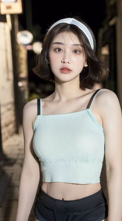 ((Best Quality, 8K, Masterpiece: 1.3)), (Flower Cap: 1.3), Focus: 1.2, Perfect Body Beauty: 1.4, Buttocks: 1.2, (Layered Haircut: 1.2)), (Dark Street: 1.3), Highly Detailed Face and Skin Texture, Full Body, Delicate Eyes, Double Eyelids, Whitened Skin, Long Hair, (Round Face: 1.5), (Loose Crop Top, Shorts: 1.6)